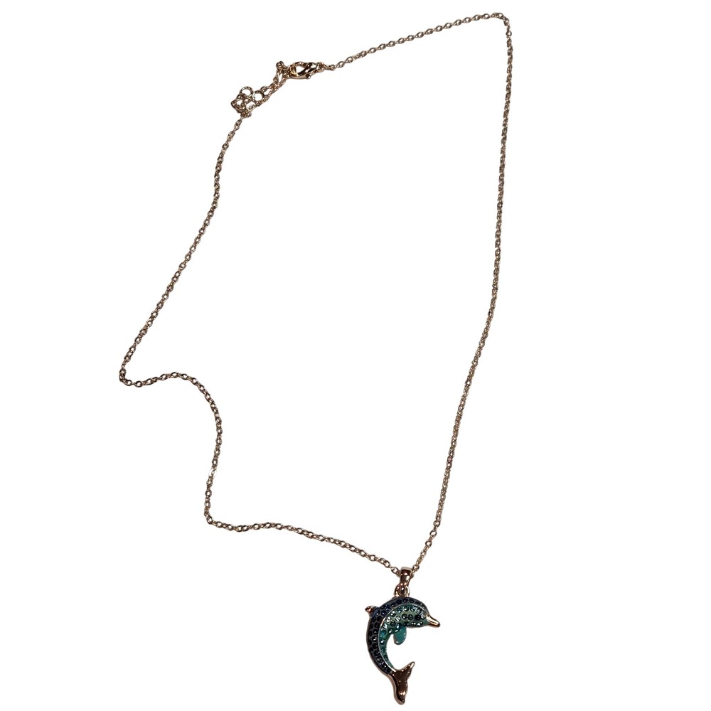Gold Tone Blue Teal Enamel Rhinestone Dolphin Pendant Necklace 18 Inch Ocean - Picture 6 of 6